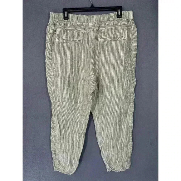 By Anthropologie Pants Womens Large Green Stripe 100% Linen Pull On Ankle Crop - Picture 4 of 10